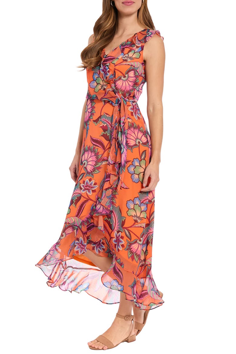 Ruffle Faux Wrap Midi Dress, Alternate, color, ORANGE/ PLUM