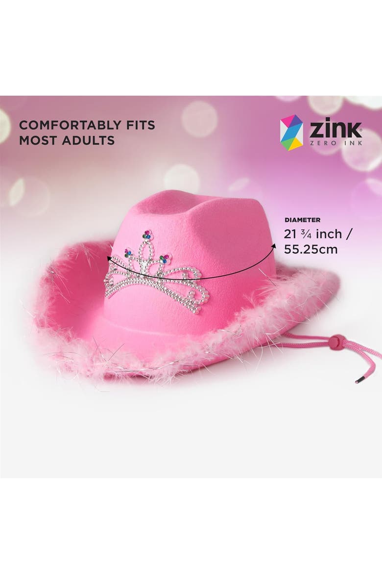 Cowboy Hat with Tiara - Pink Cowgirl Hat with Adjustable Chin Strap and Feather Trimming, Alternate, color, Pink