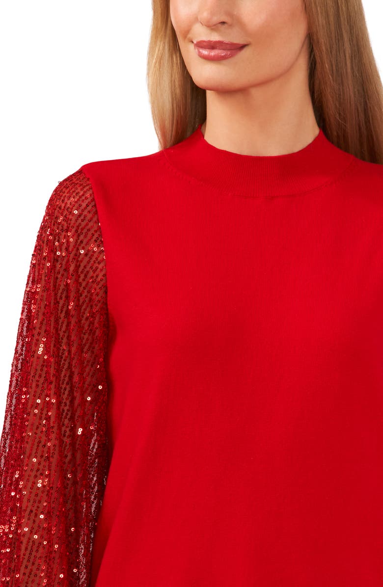 CeCe Sequin Sleeve Mock Neck Sweater, Alternate, color, Luminous Red