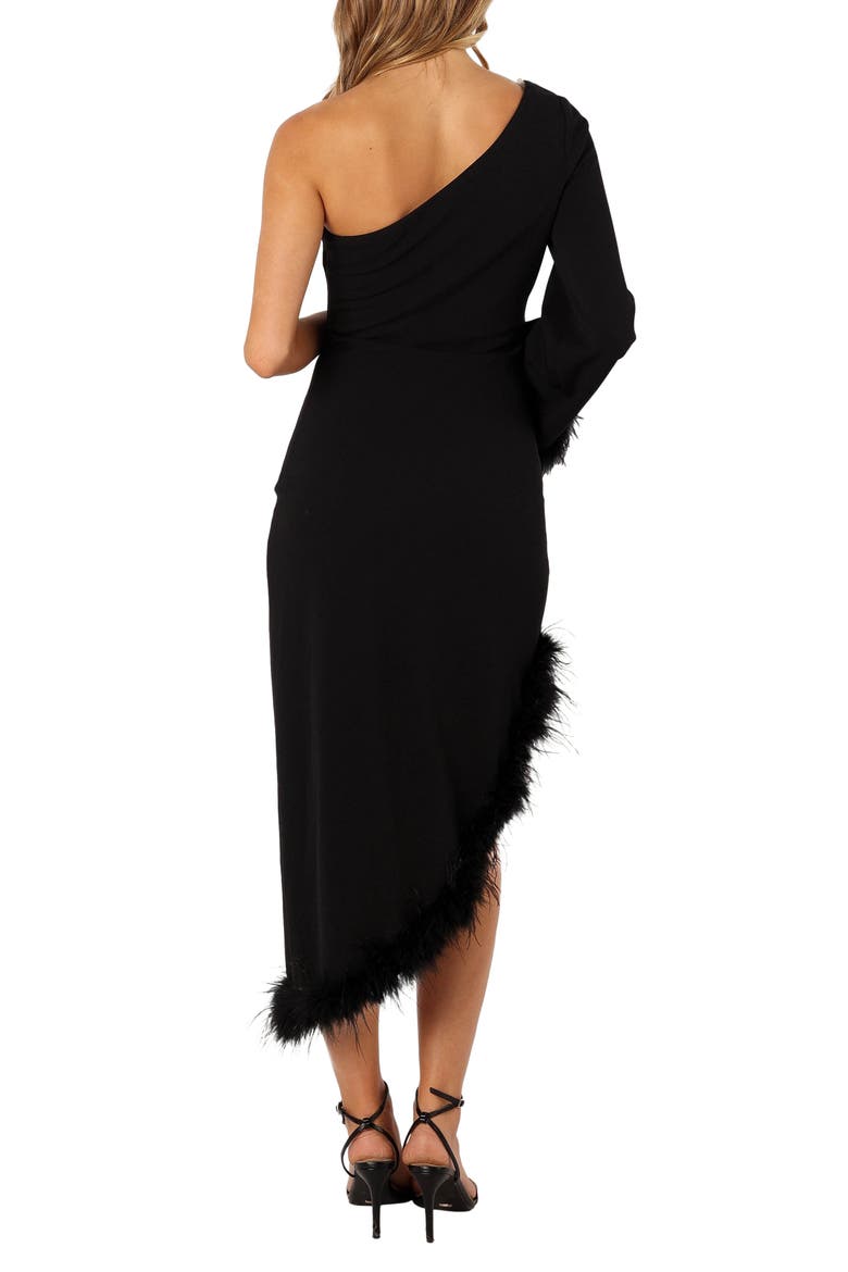 Dame Feather Trim Single Long Sleeve Midi Cocktail Dress, Alternate, color, BLACK