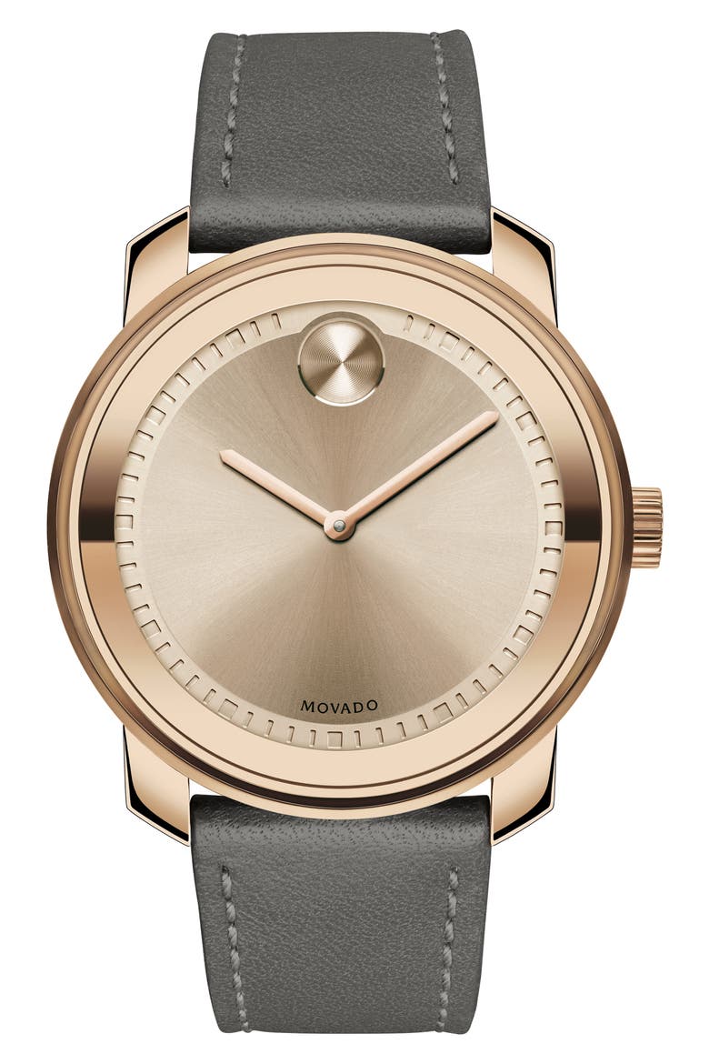 Bold Leather Strap Watch, 42.5mm, Main, color, GREY/ ROSE GOLD