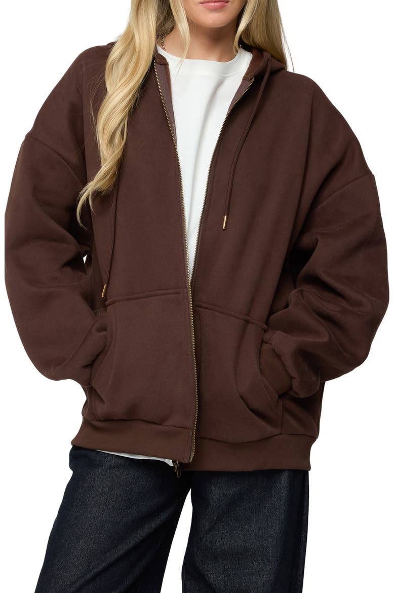 Elvie Oversize Zip Fleece Hoodie, Main, color, BROWN