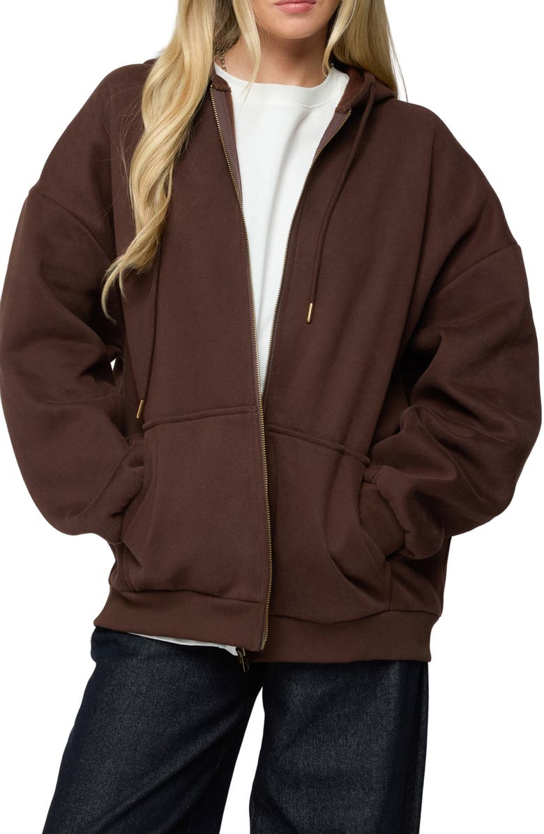 EDIKTED Elvie Oversize Zip Fleece Hoodie, Main, color, Brown