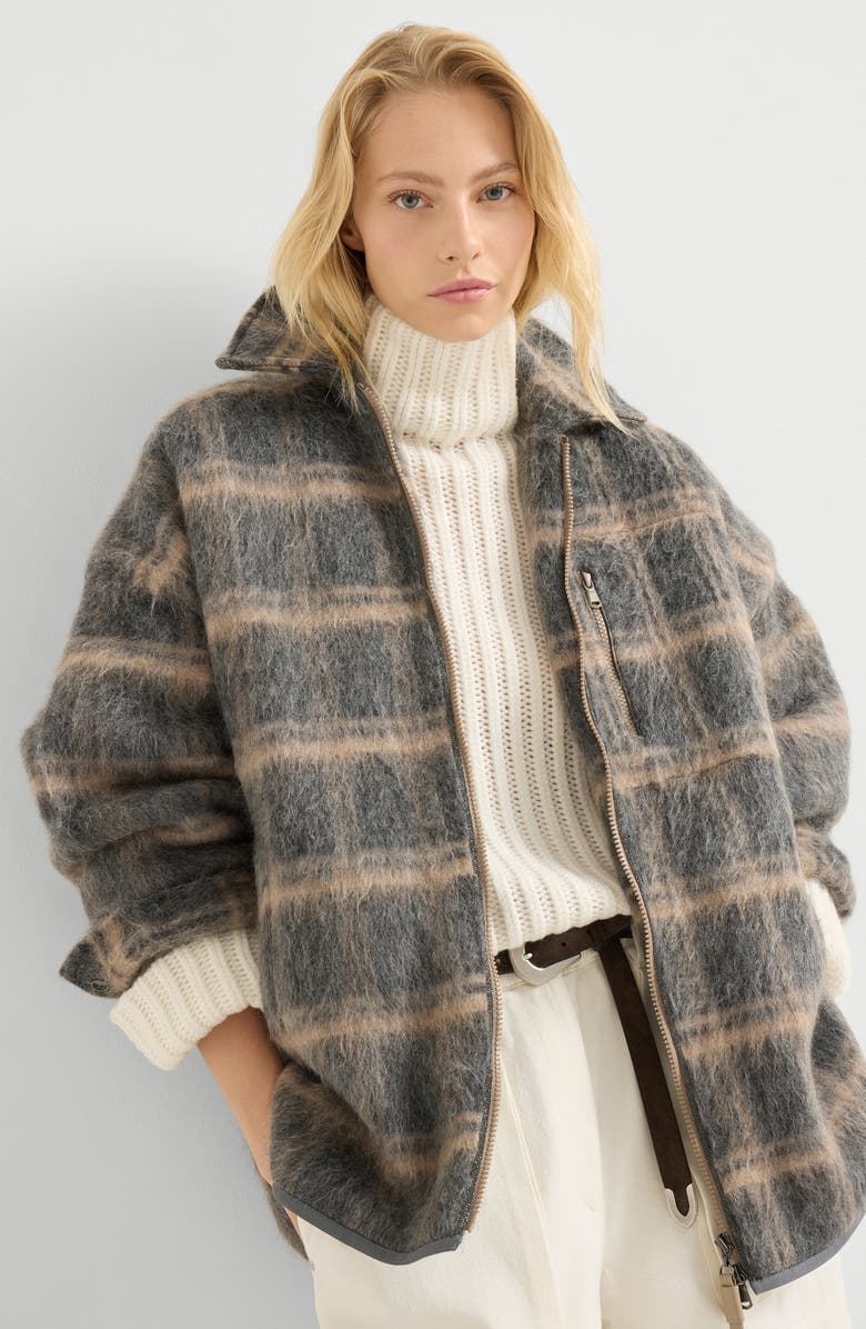 Brunello Cucinelli Jacquard check knit outerwear jacket, Alternate, color, Grey