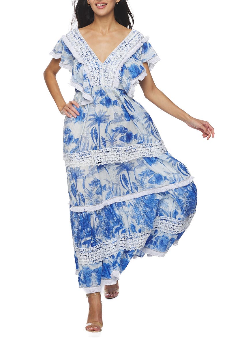 Plunge Fringe Trim Maxi Dress, Main, color, BLUE