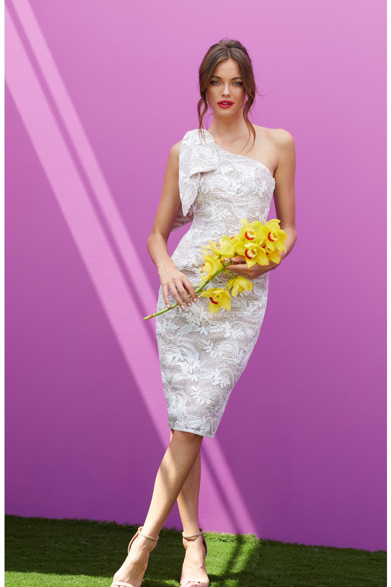 Thalia One-Shoulder Floral Lace Dress, Alternate, color, WHITE