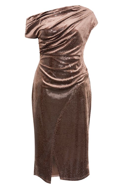City Chic Shimmy Ruched One-shoulder Midi Cocktail Dress In Brown