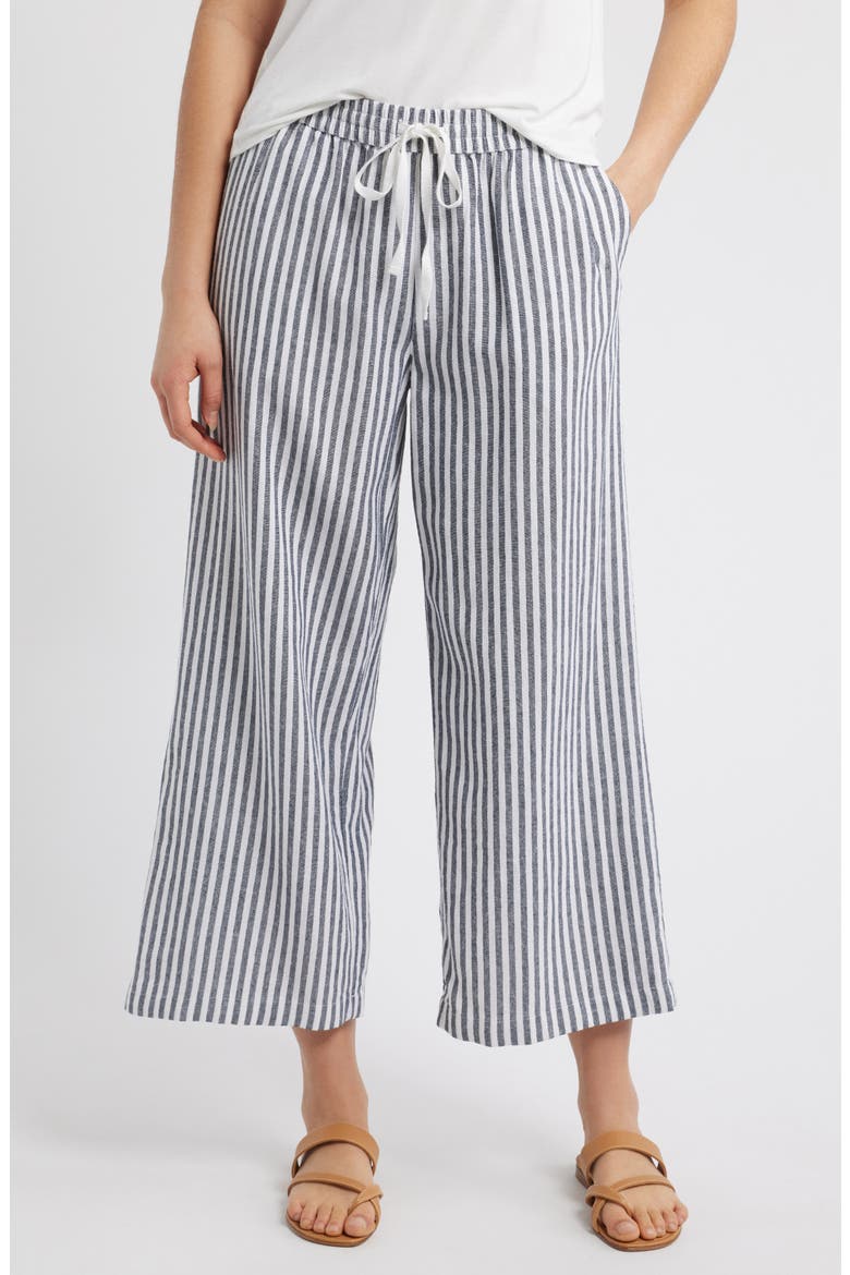 Drawstring Wide Leg Linen Blend Pants, Main, color, NAVY B- WHITE BRIANNE STRIPE