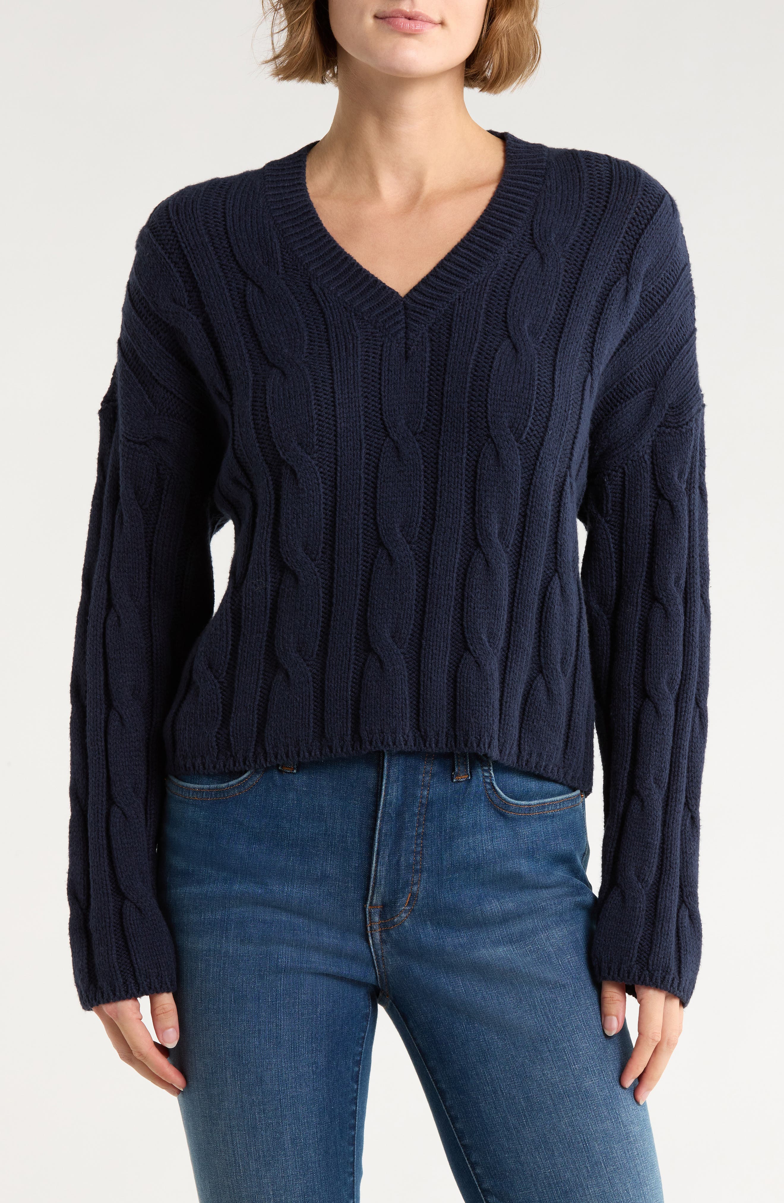Madewell Cable Knit V-Neck Crop Sweater