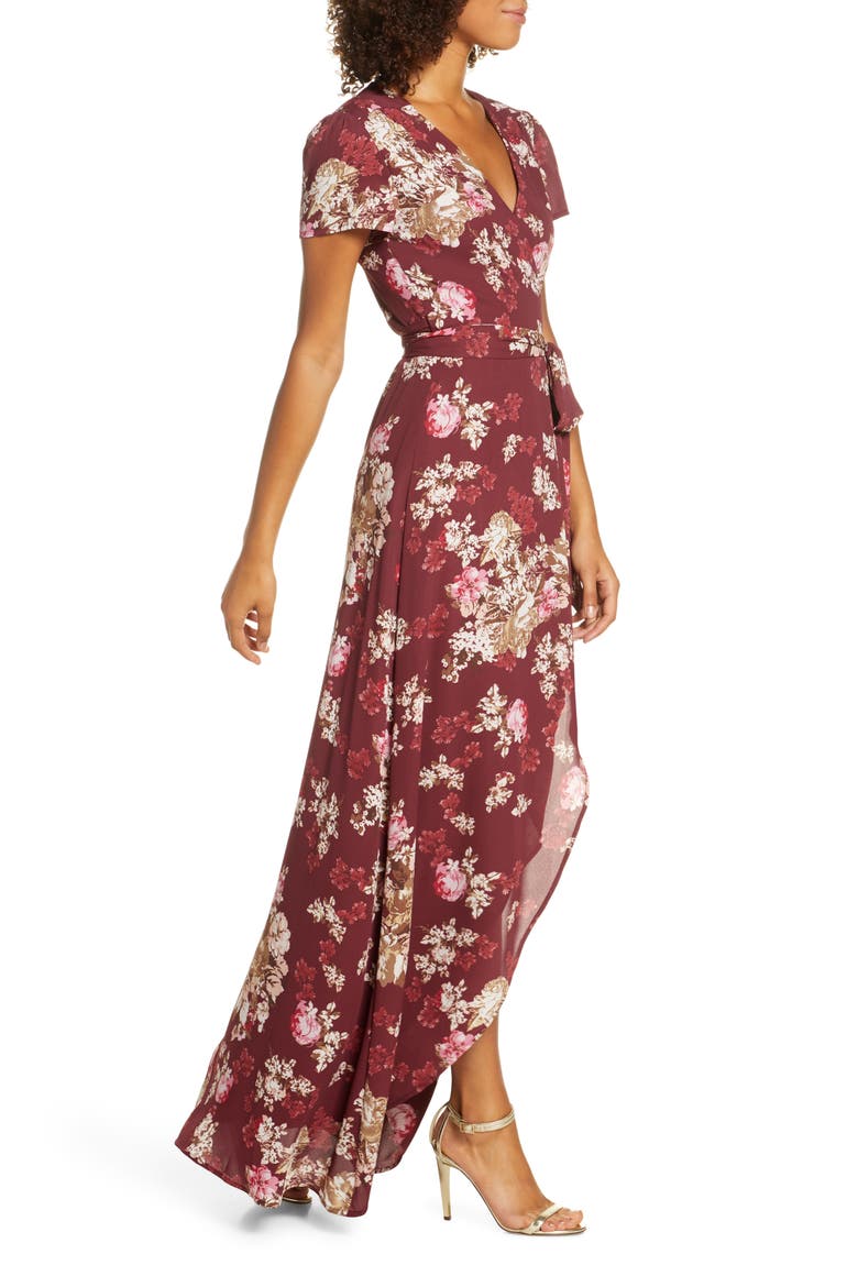 The Zoey Floral Print Short Sleeve Wrap Gown, Alternate, color, CABERNET FLORAL