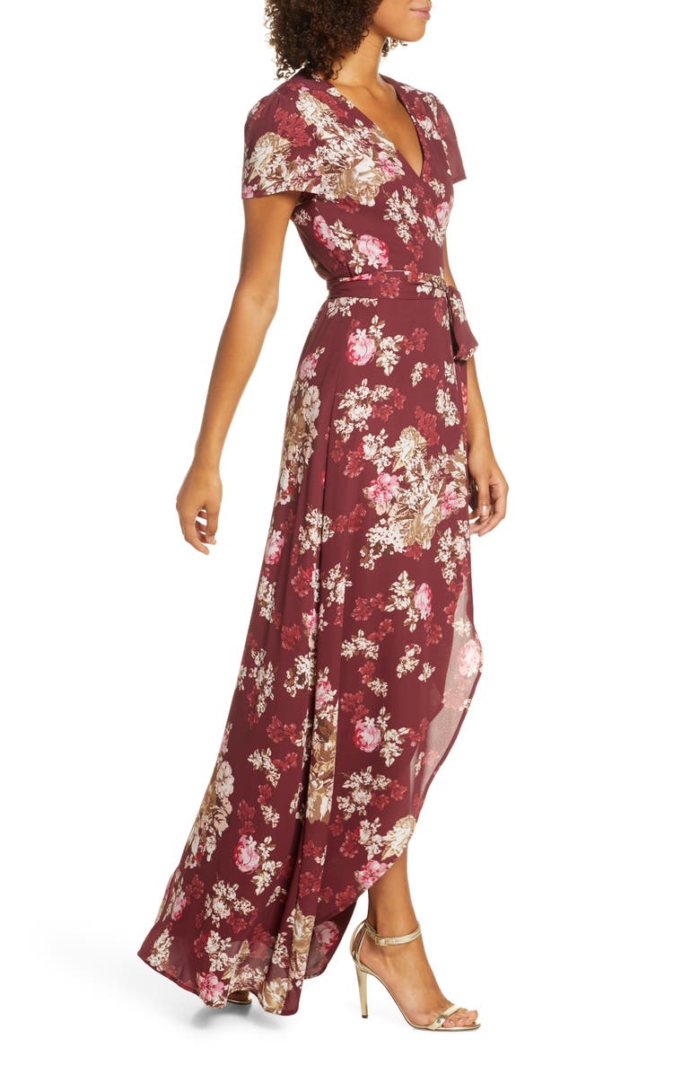 WAYF The Zoey Floral Print Short Sleeve Wrap Gown, Alternate, color,