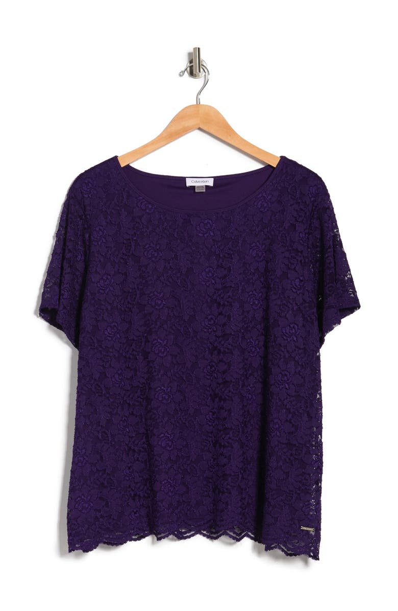 Calvin Klein Textured Lace Scallop Hem Top, Alternate, color,