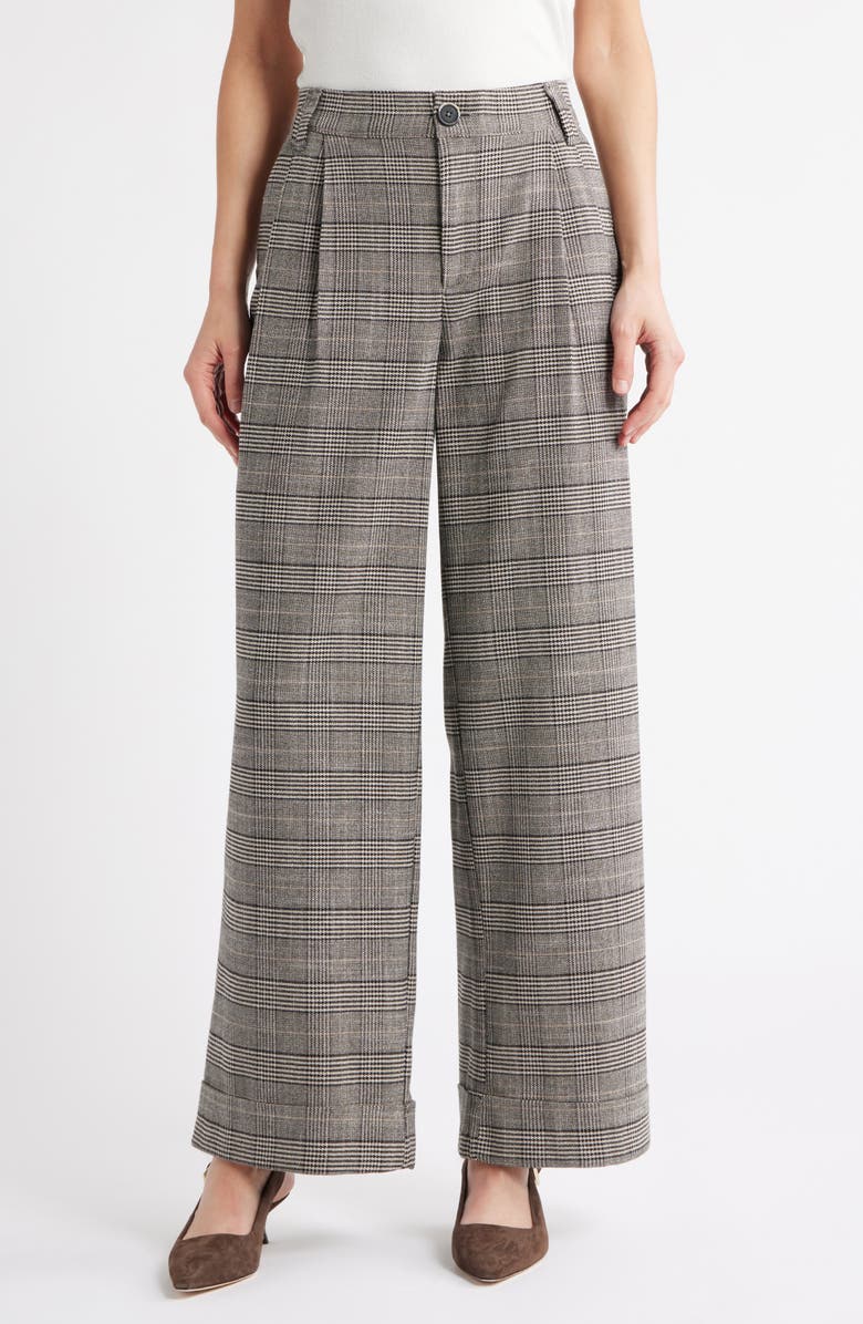 Wit & Wisdom Skyrise Glen Plaid Pleated Wide Leg Trousers, Main, color, Birch Black Multi