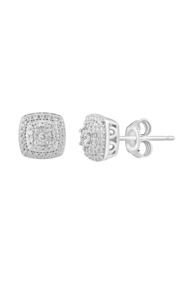 Sterling Silver Pavé Diamond Cushion Stud Earrings, Main, color, WHITE