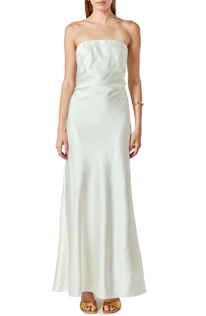 Endless Rose Strapless Satin Maxi Dress, Main, color, Ivory