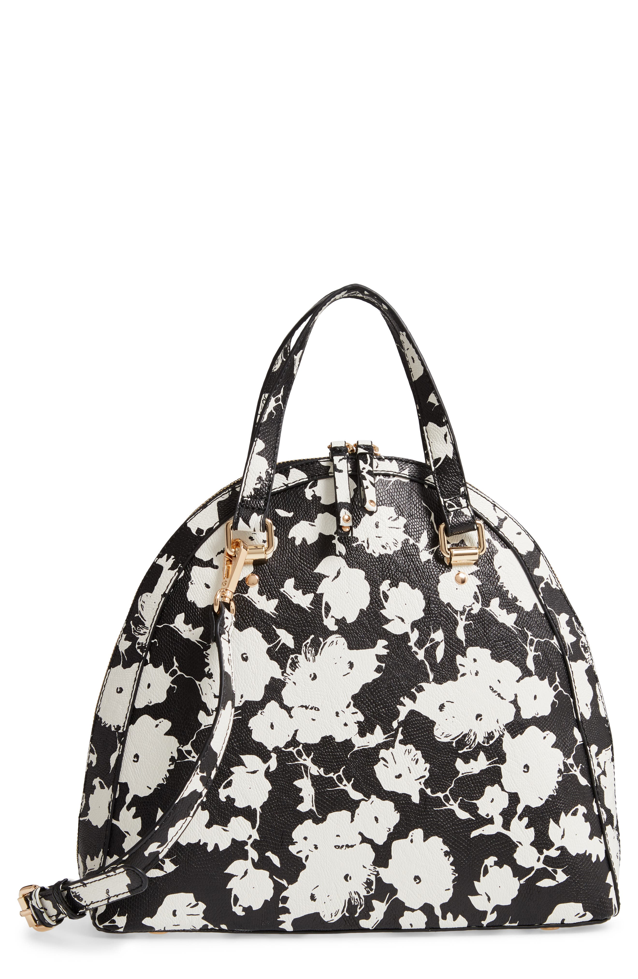 Dwani Faux Leather Satchel, Main, color, BLACK FLORAL