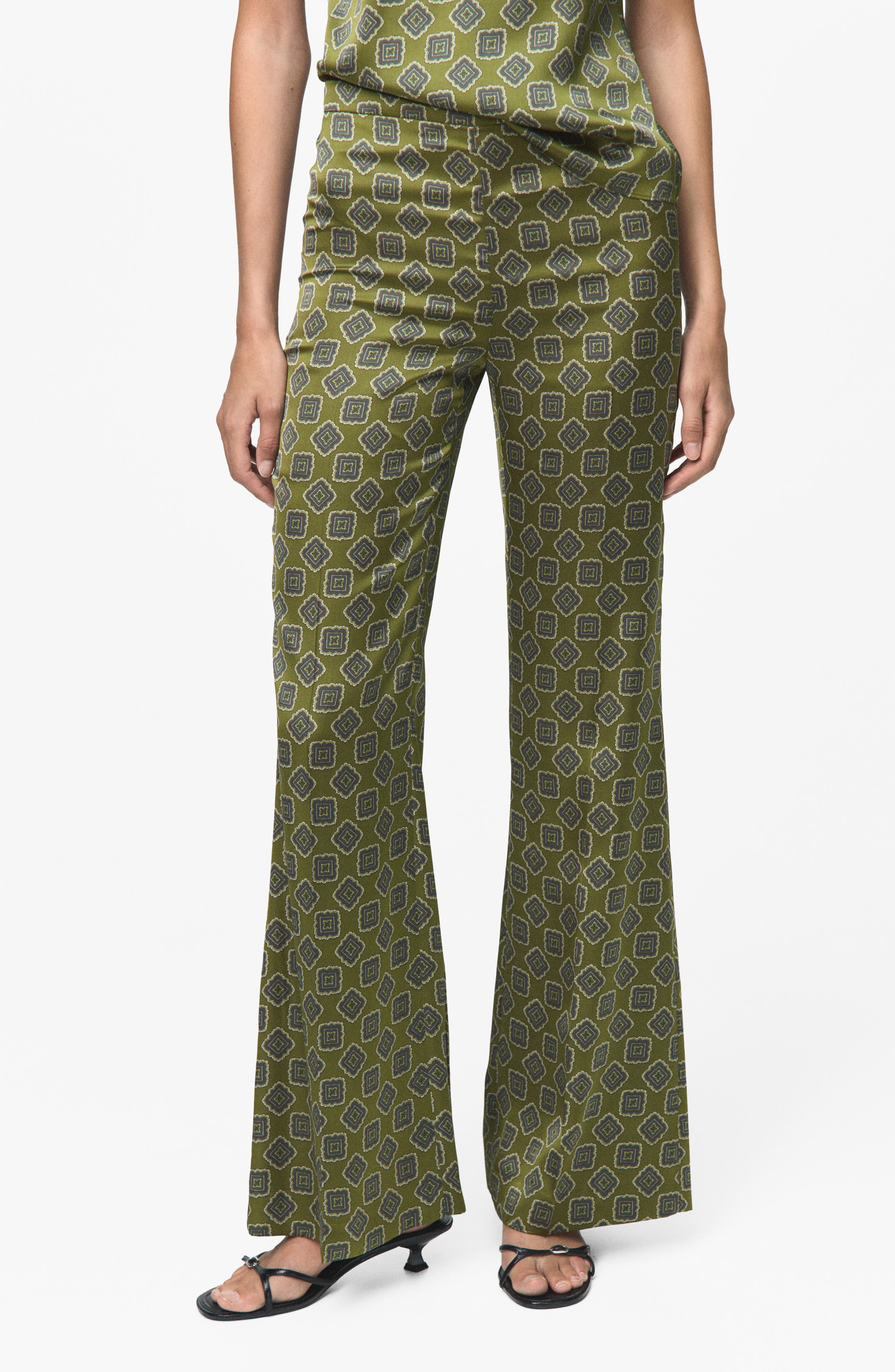 MANGO Geo Print Flare Satin Pants