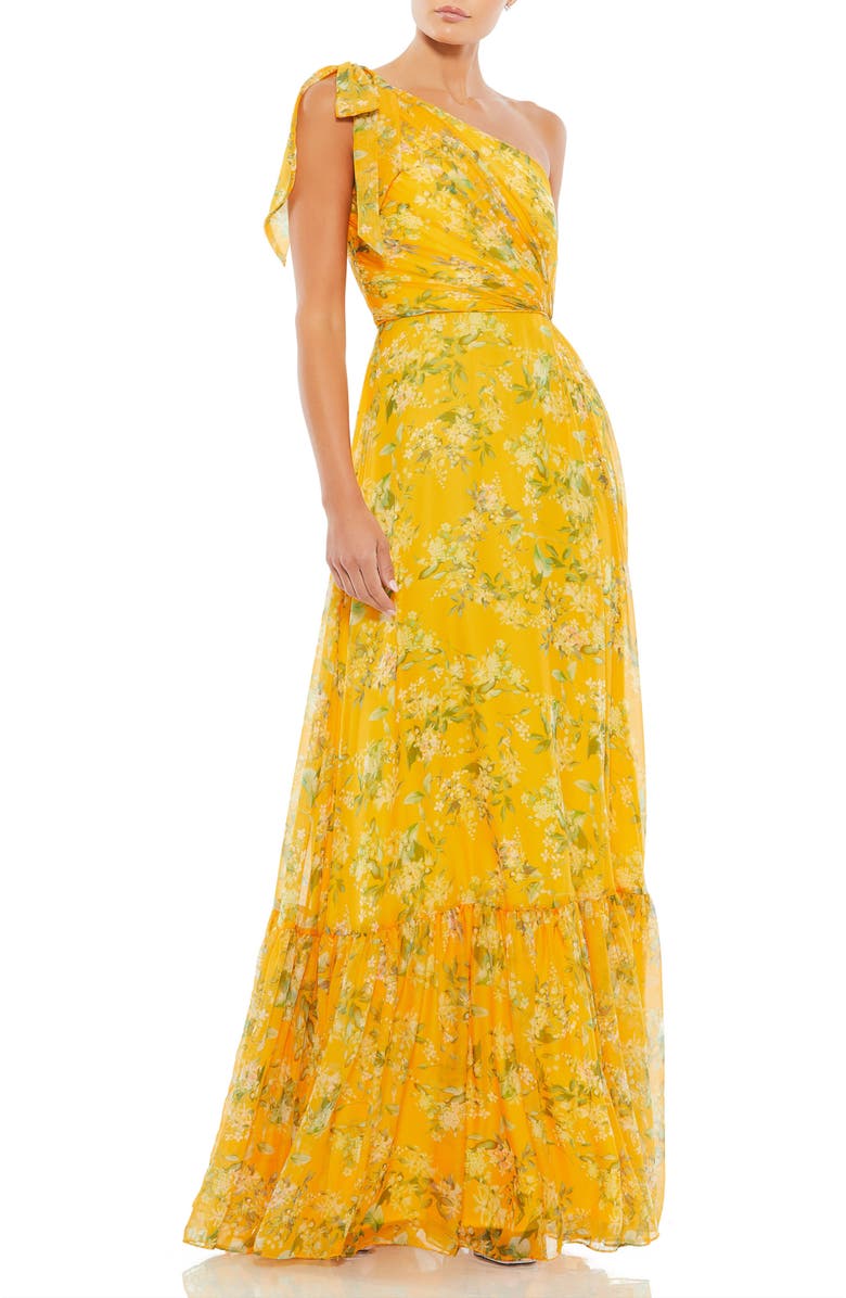 Mac Duggal Floral One Shoulder Bow Maxi Dress, Main, color, Yellow Multi