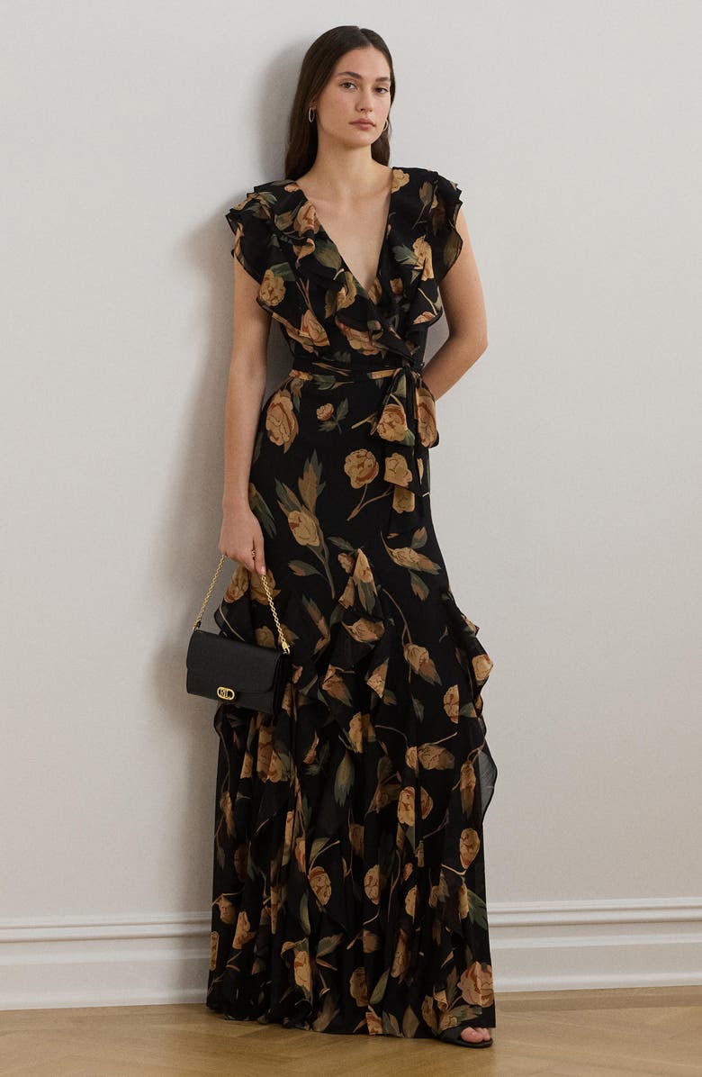 Lauren Ralph Lauren Floral Tie Waist Georgette Gown, Alternate, color,