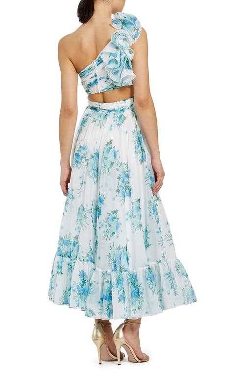 Mac Duggal Floral Print Ruffle Cutout One-shoulder Midi Dress In White Multi