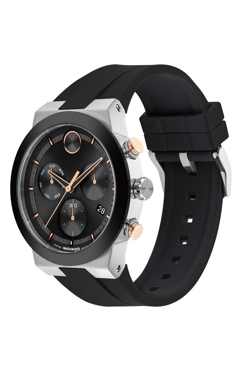 Movado Bold Fusion Chronograph Silicone Strap Watch, 44.5mm, Alternate, color, Black