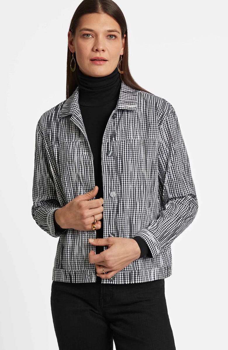 Foxcroft Thelma Crinkle Cotton Blend Gingham Jacket, Alternate, color, Black/ White