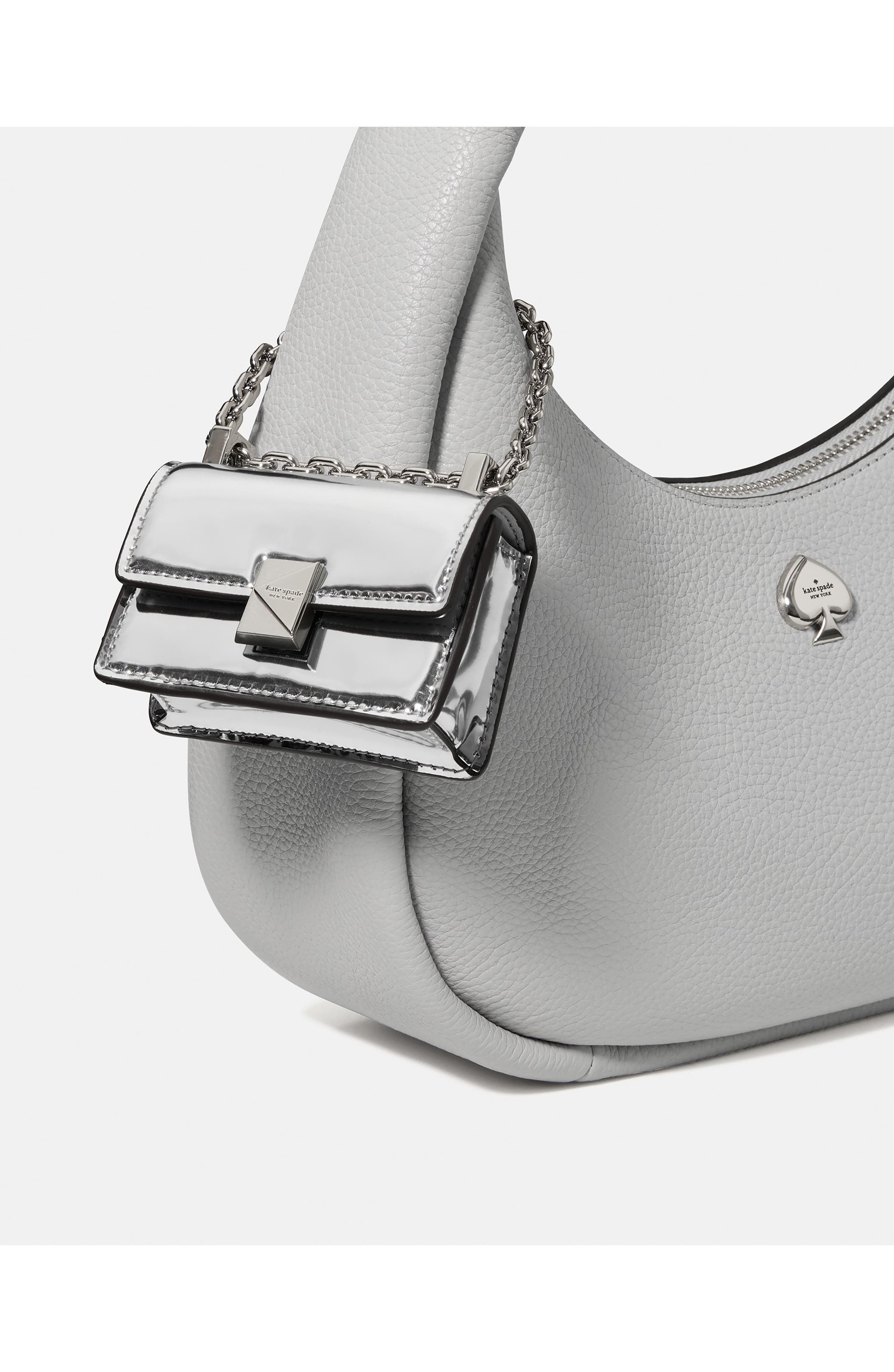 Kate Spade New York charmed mirror metallic leather bag charm, Alternate, color, Silver