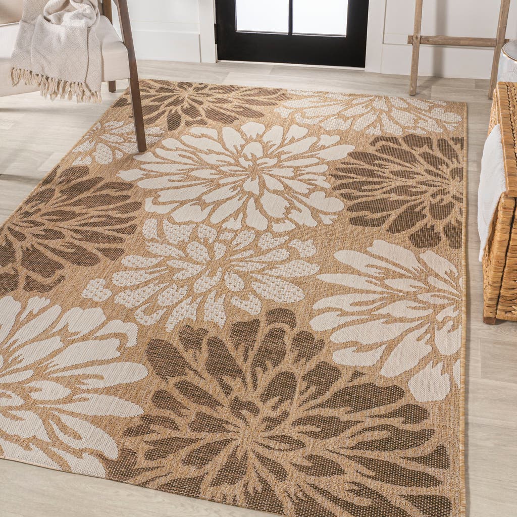 Jonathan Y Zinnia Modern Floral Textured Weave Indoor/outdoor Area Rug In Brown/cream