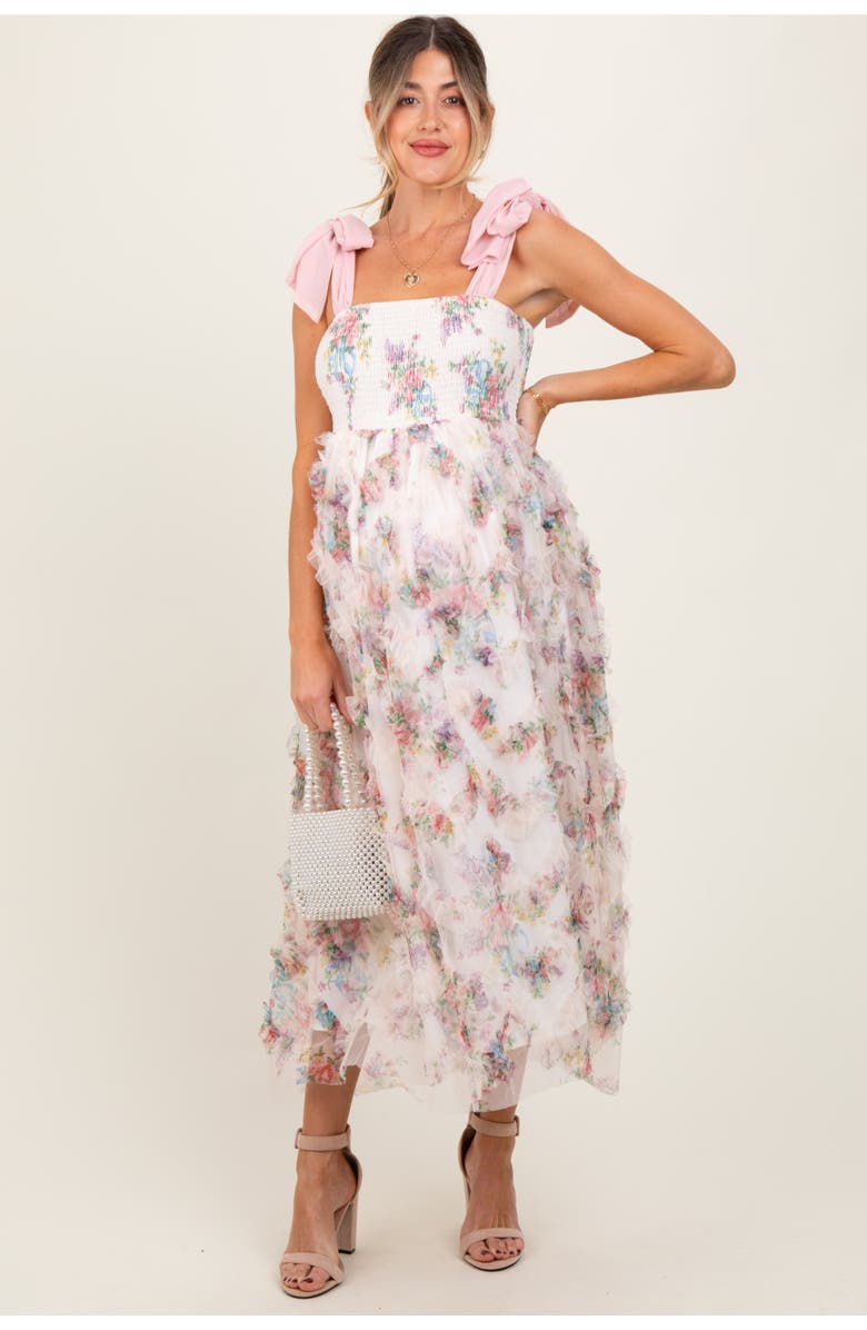 PinkBlush Floral Smocked Shoulder Tie Ruffled Midi Dress, Alternate, color, Cream
