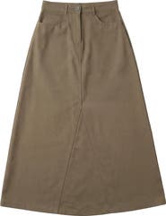 Faves Mineral Wash Godet Panel Front Zip Maxi Skirt