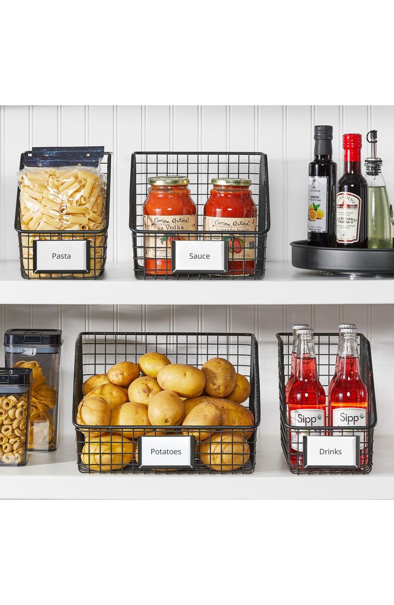 mDesign Metal Open-Front Pantry Basket with Label Plate - Set of 2 - Matte Black, Alternate, color, Matte Black