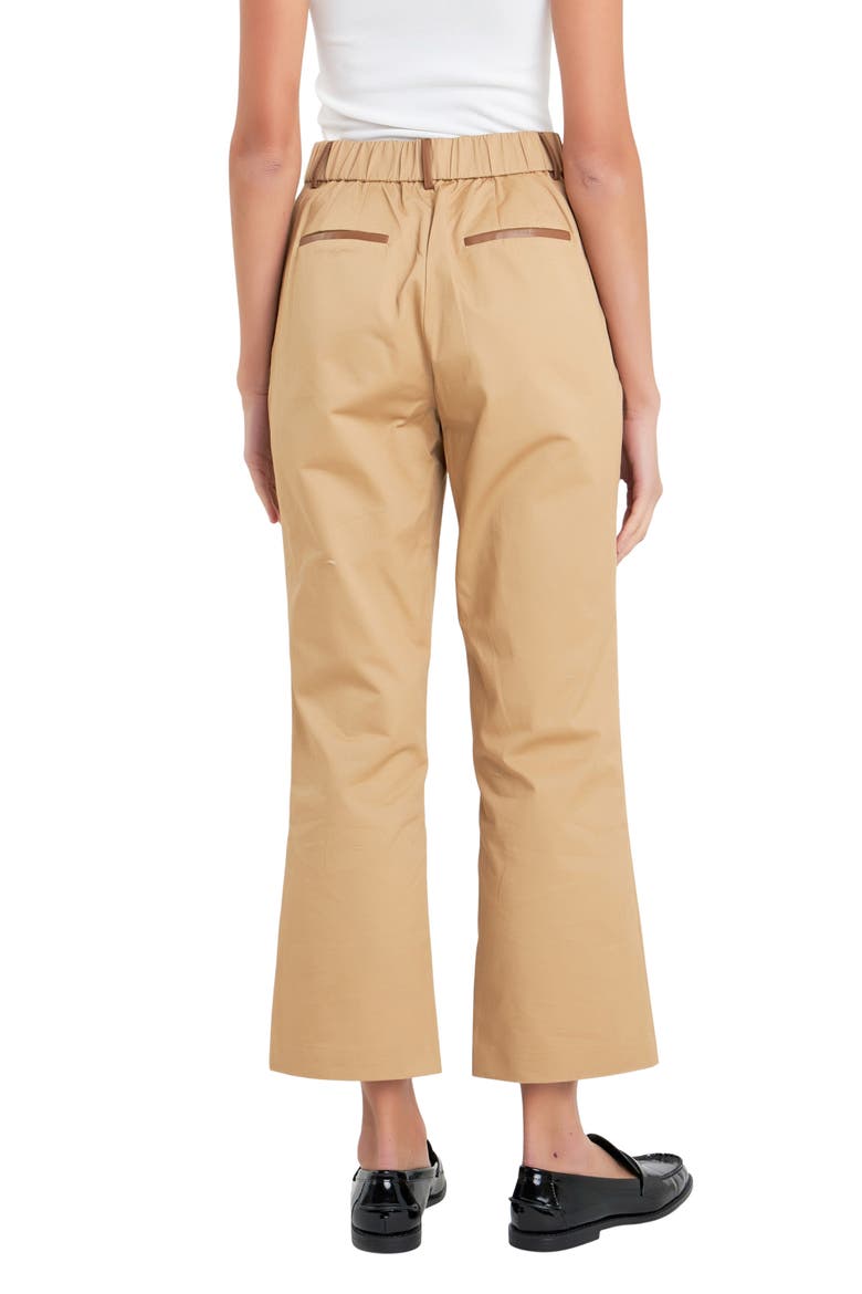 Faux Leather Trim Crop Flare Twill Pants, Alternate, color, TAN