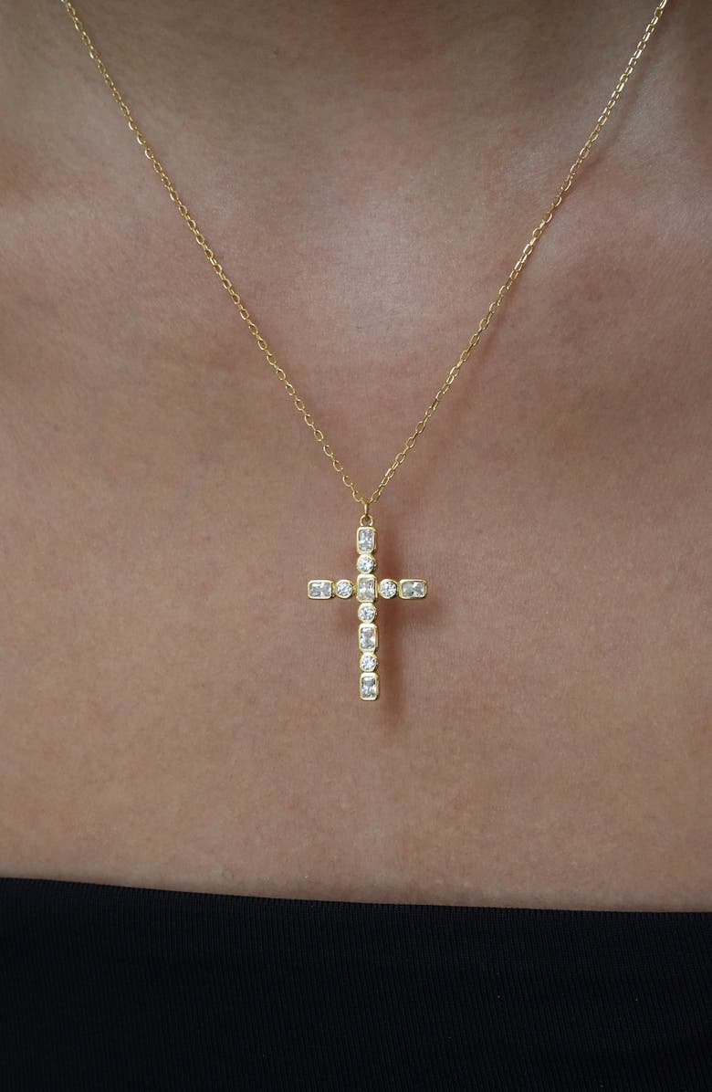 Argento Vivo Sterling Silver Cubic Zirconia Medium Cross Pendant Necklace, Alternate, color, Gold