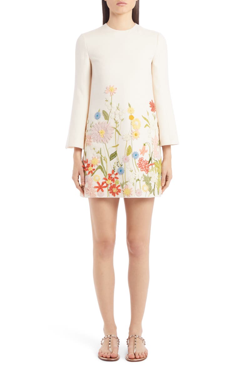 Embroidered Floral Wool & Silk Long Sleeve Shift Dress, Main, color, AVORIO/ MULTICOLOR