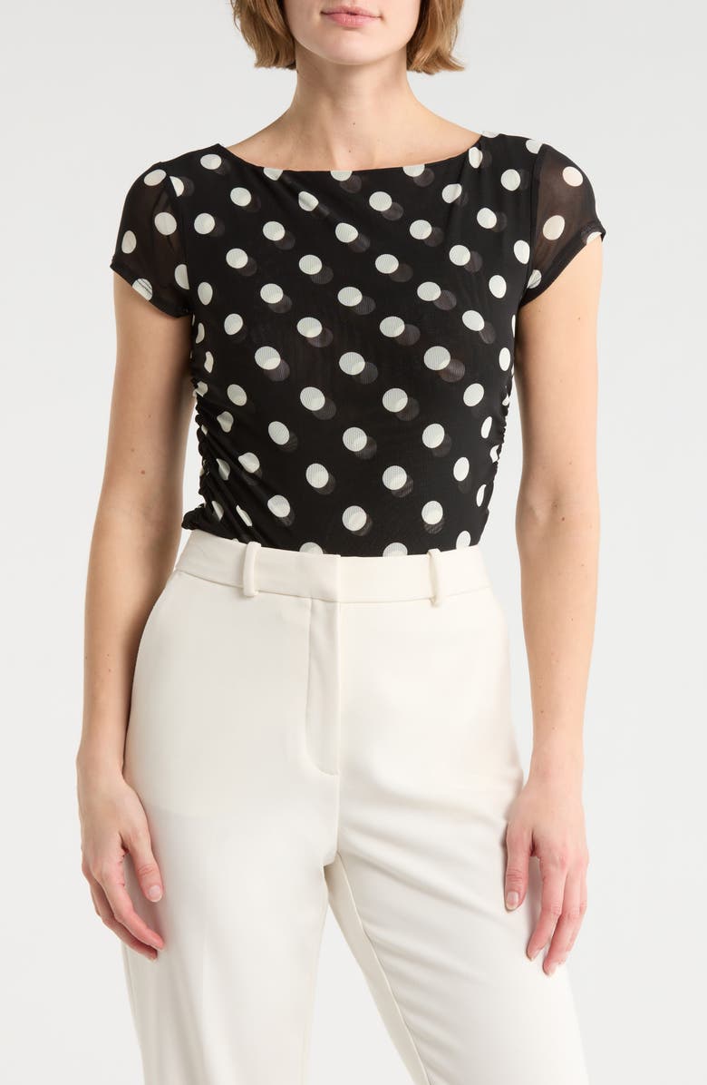 WAYF Ruched Cap Sleeve Top, Main, color, Black Polka Dot