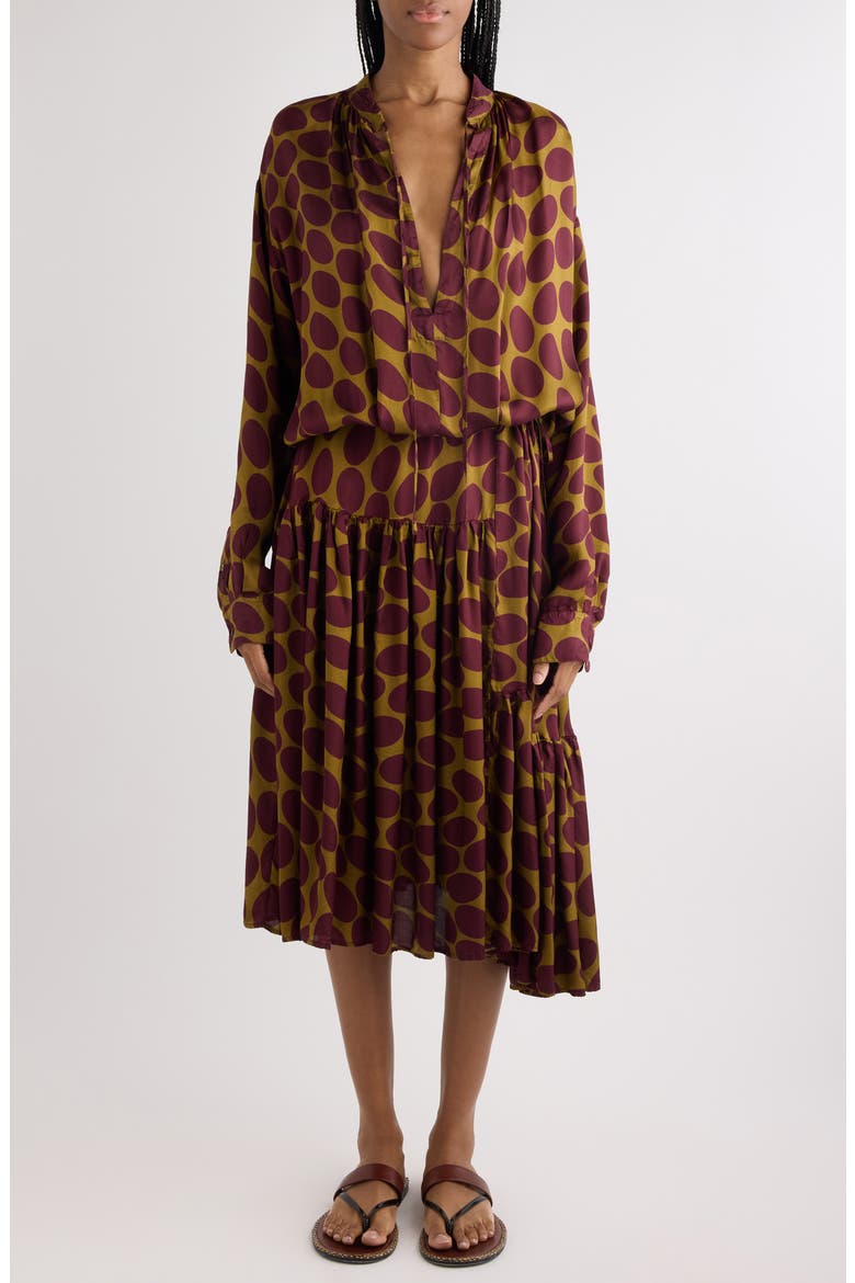 Denvo Fountain of Eggs Print Long Sleeve Twill Midi Dress, Main, color, CAMEL