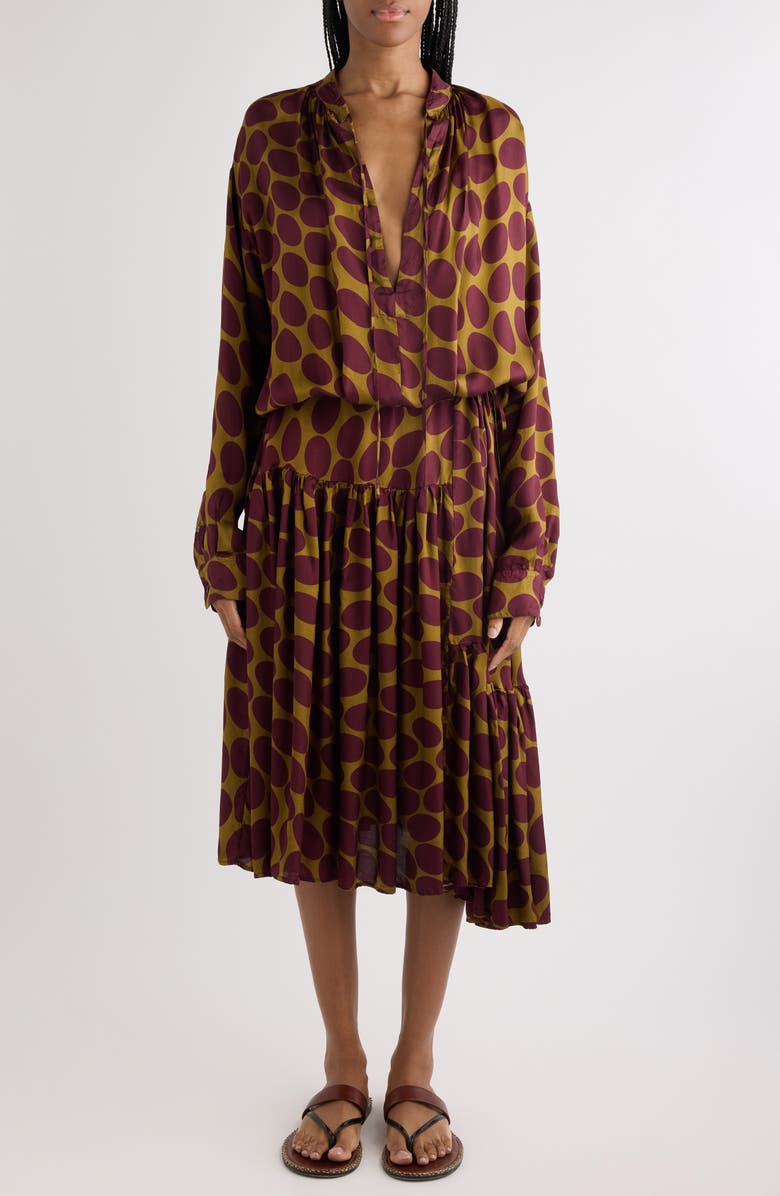Dries Van Noten Denvo Fountain of Eggs Print Long Sleeve Twill Midi Dress, Main, color, Camel
