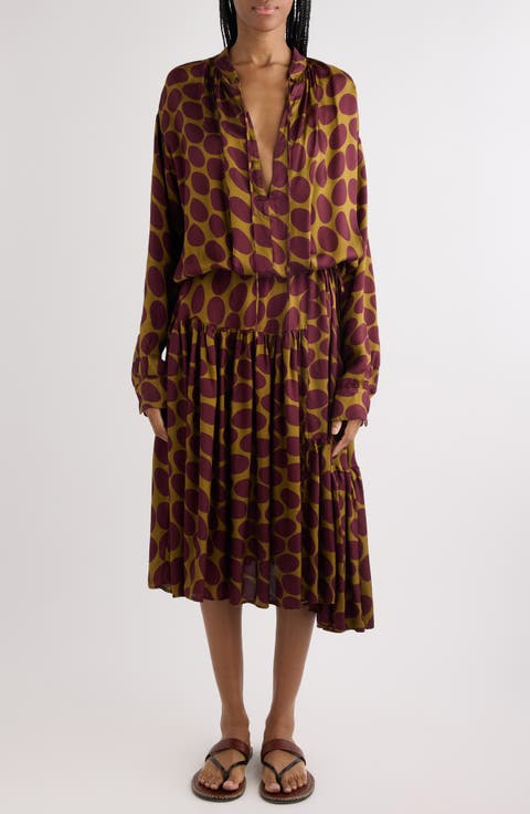 Denvo Fountain of Eggs Print Long Sleeve Twill Midi Dress