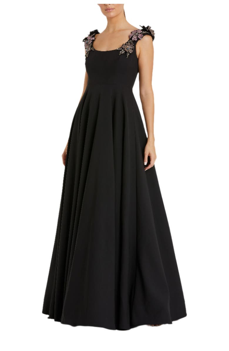 Mac Duggal Crepe Sleeveless Ballgown With Rhinestone Flowers, Main, color, Black