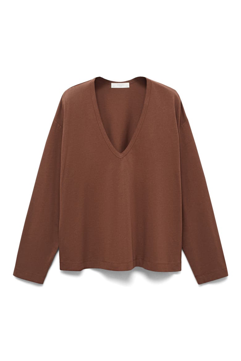 Long Sleeve Cotton V-Neck Pajama Top, Alternate, color, BROWN