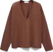 MANGO Long Sleeve Cotton V-Neck Pajama Top