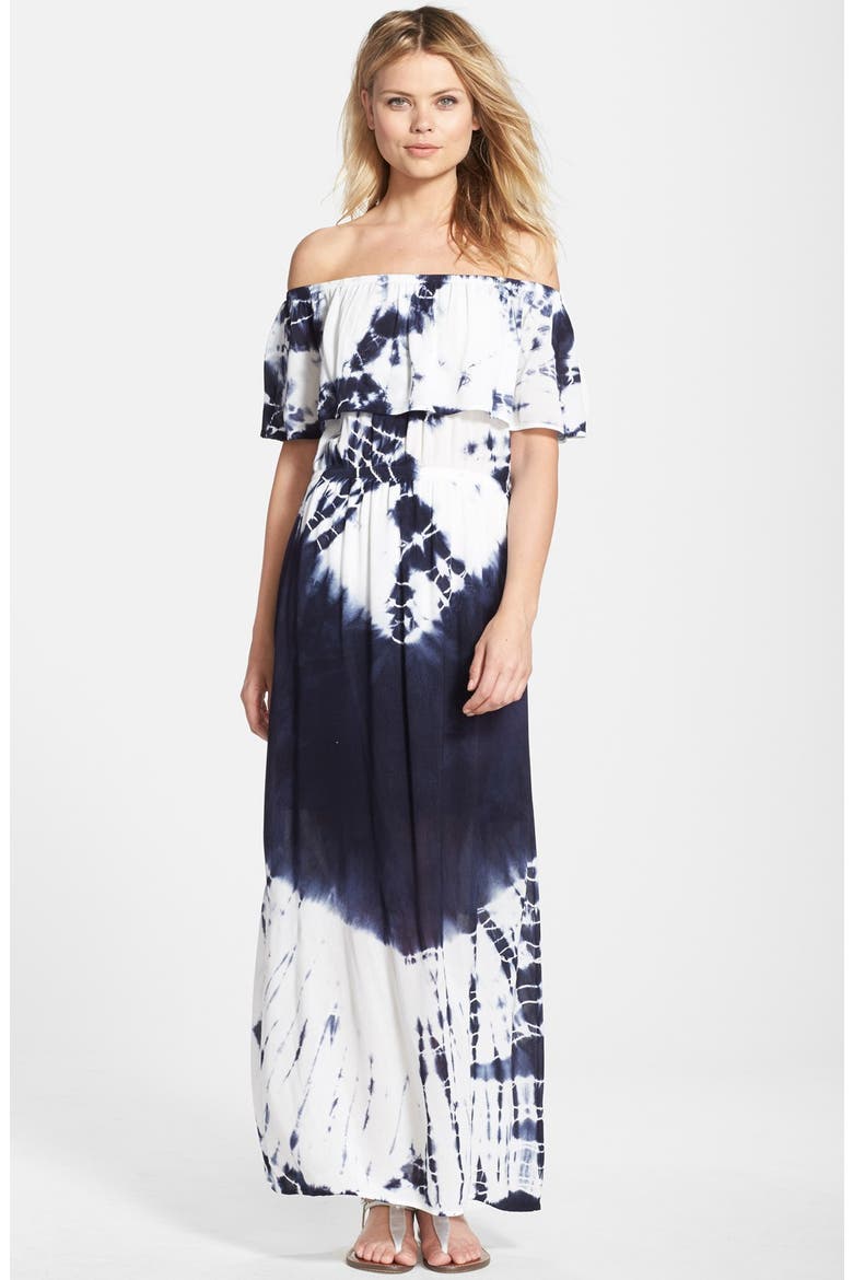 Tie Dye Off Shoulder Maxi Dress, Main, color, INDIGO/ WHITE