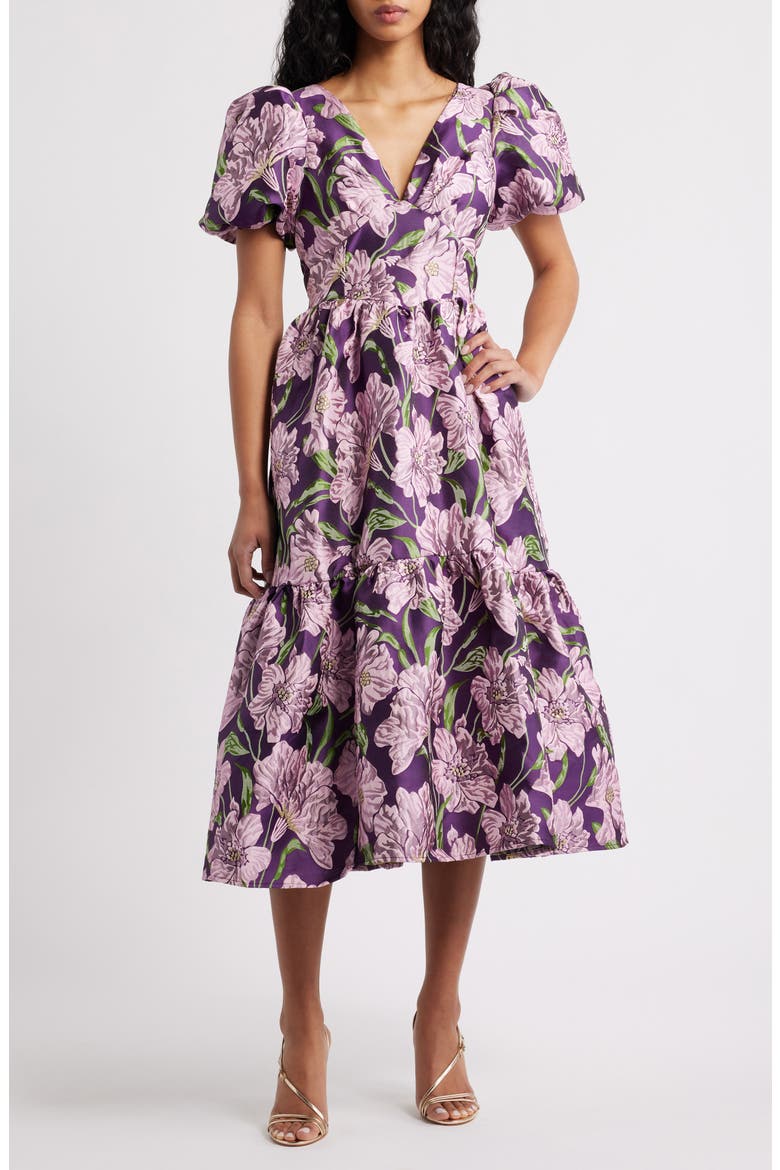 Floraison Floral Jacquard Puff Sleeve Dress, Main, color, PURPLE