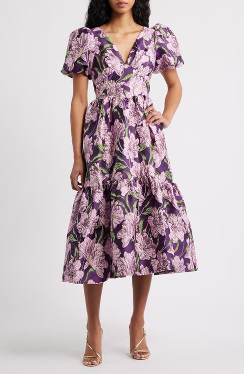 Floraison Floral Jacquard Puff Sleeve Dress