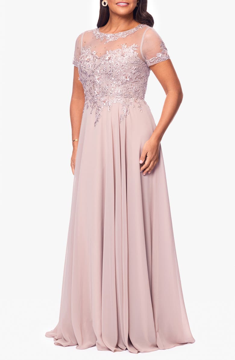 Xscape Evenings Beaded Mesh Gown, Alternate, color, Taupe
