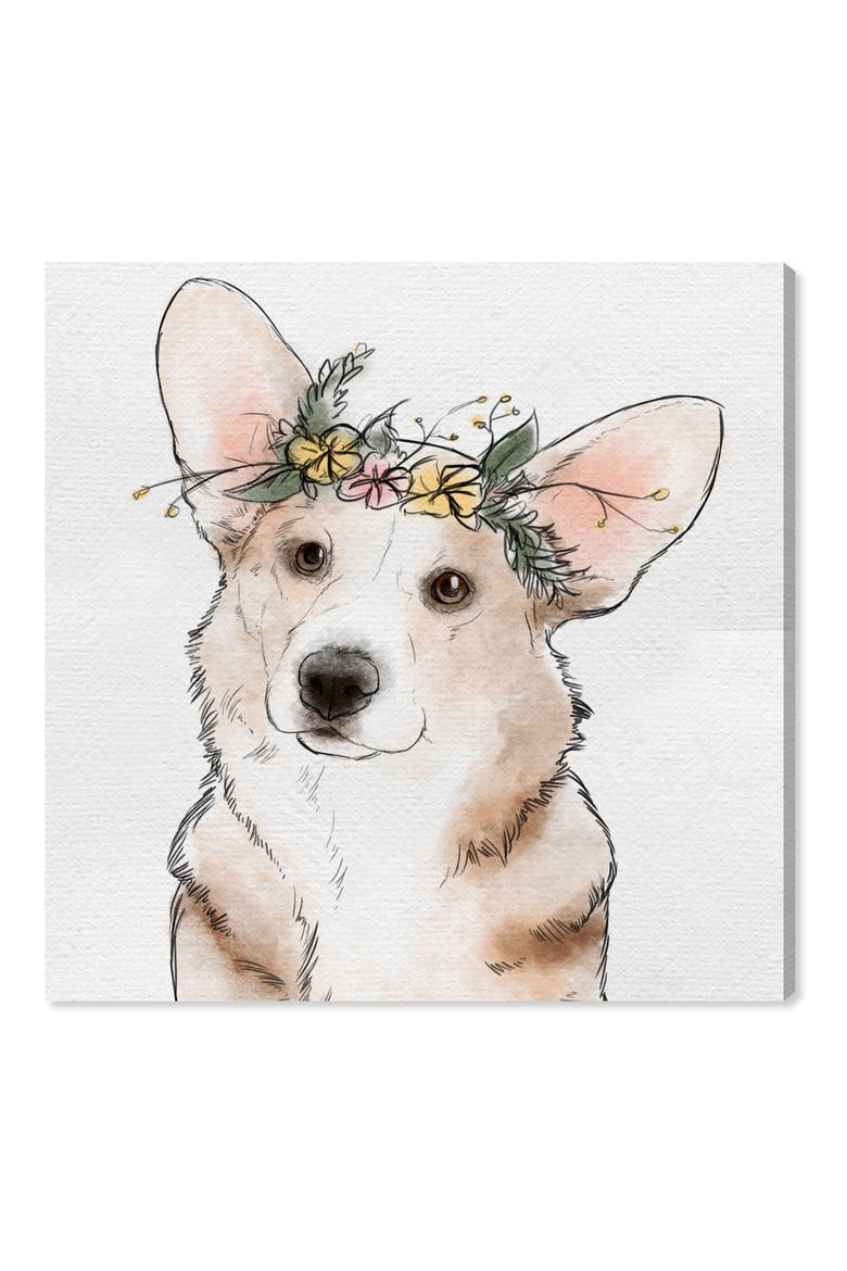 Floral Crown Corgi Canvas Wall Art, Main, color, WHITE