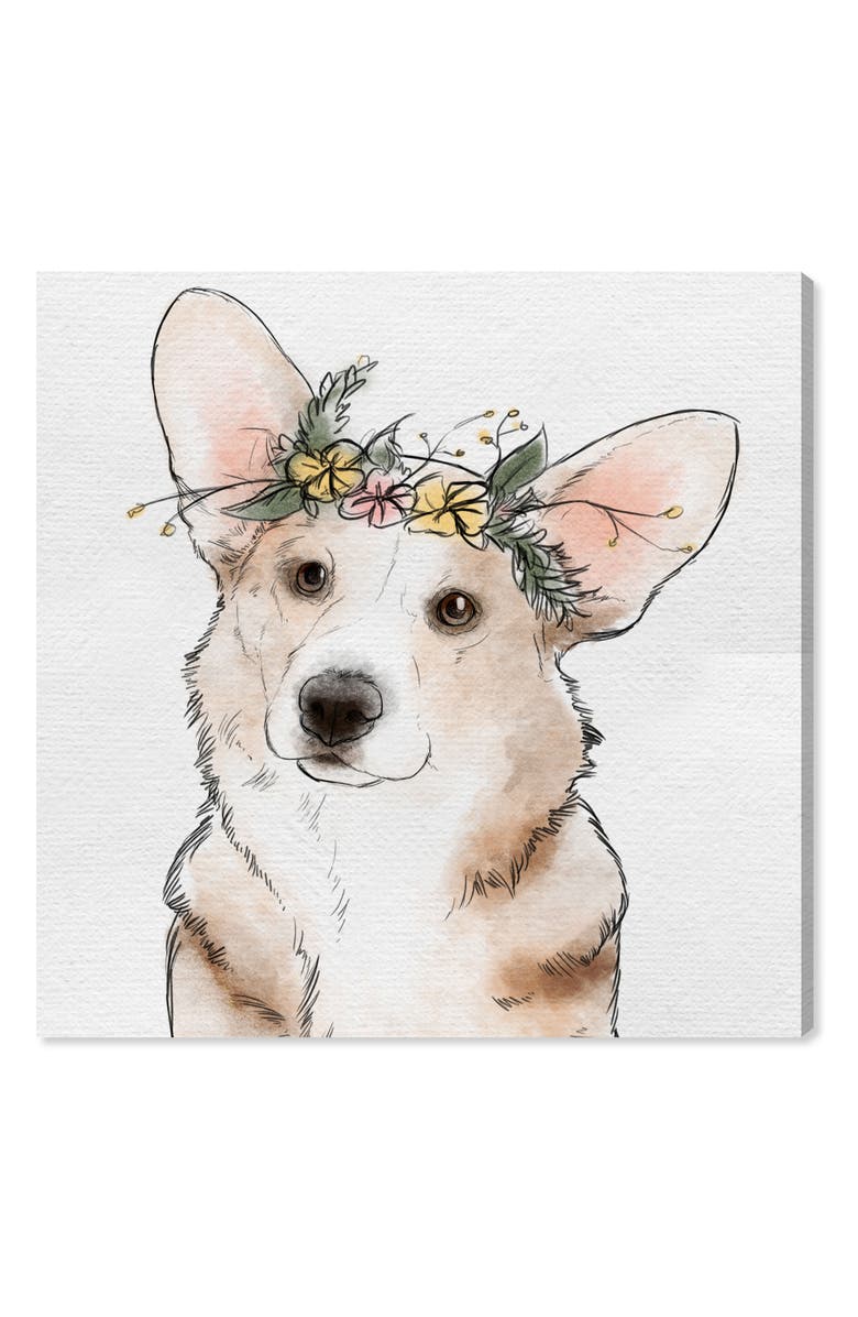 Oliver Gal Floral Crown Corgi Canvas Wall Art, Main, color, 