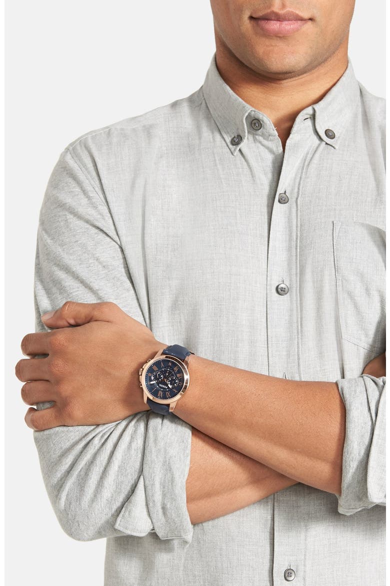 'Grant' Round Chronograph Leather Strap Watch, 44mm, Alternate, color, NAVY/ ROSE GOLD