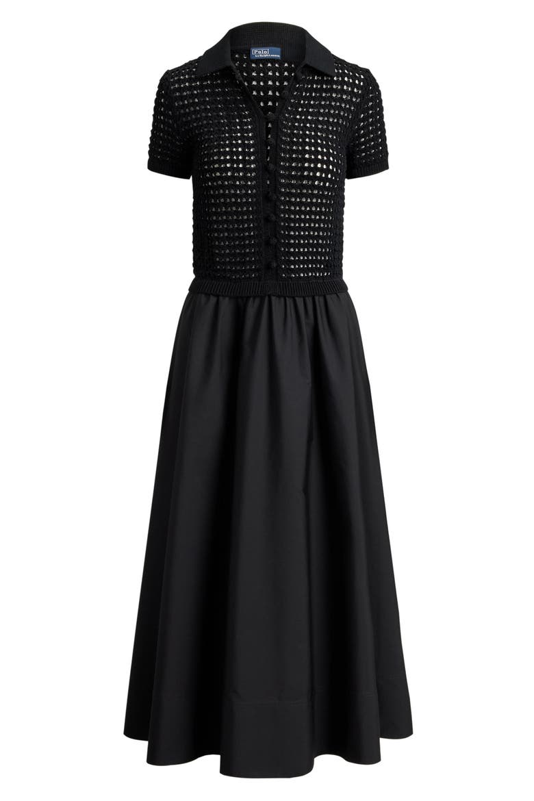 Open Stitch Bodice Mixed Media Cotton Dress, Alternate, color, POLO BLACK