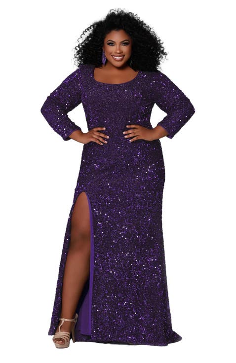 Long Sleeve Fitted Scoop Neck Sequin Plus Size Gown